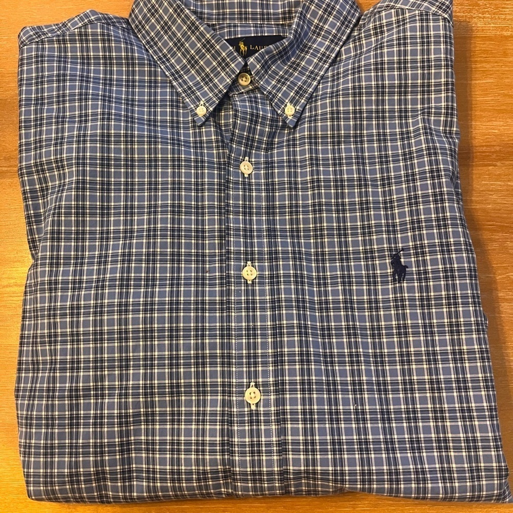 Ralph Lauren custom fit cotton blue plaid button down. Next size 17 sleeve 34/35